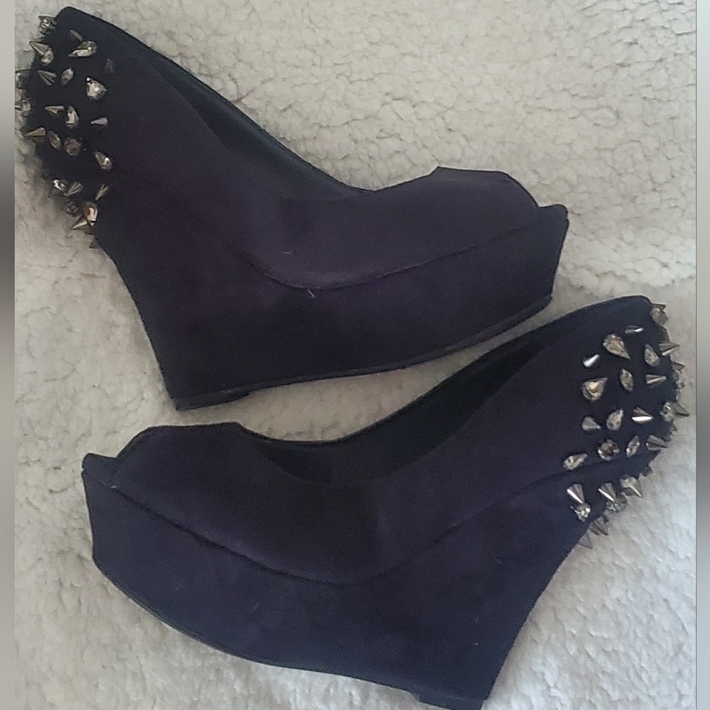 Faux Suede Peep Toe Wedge with Spikes